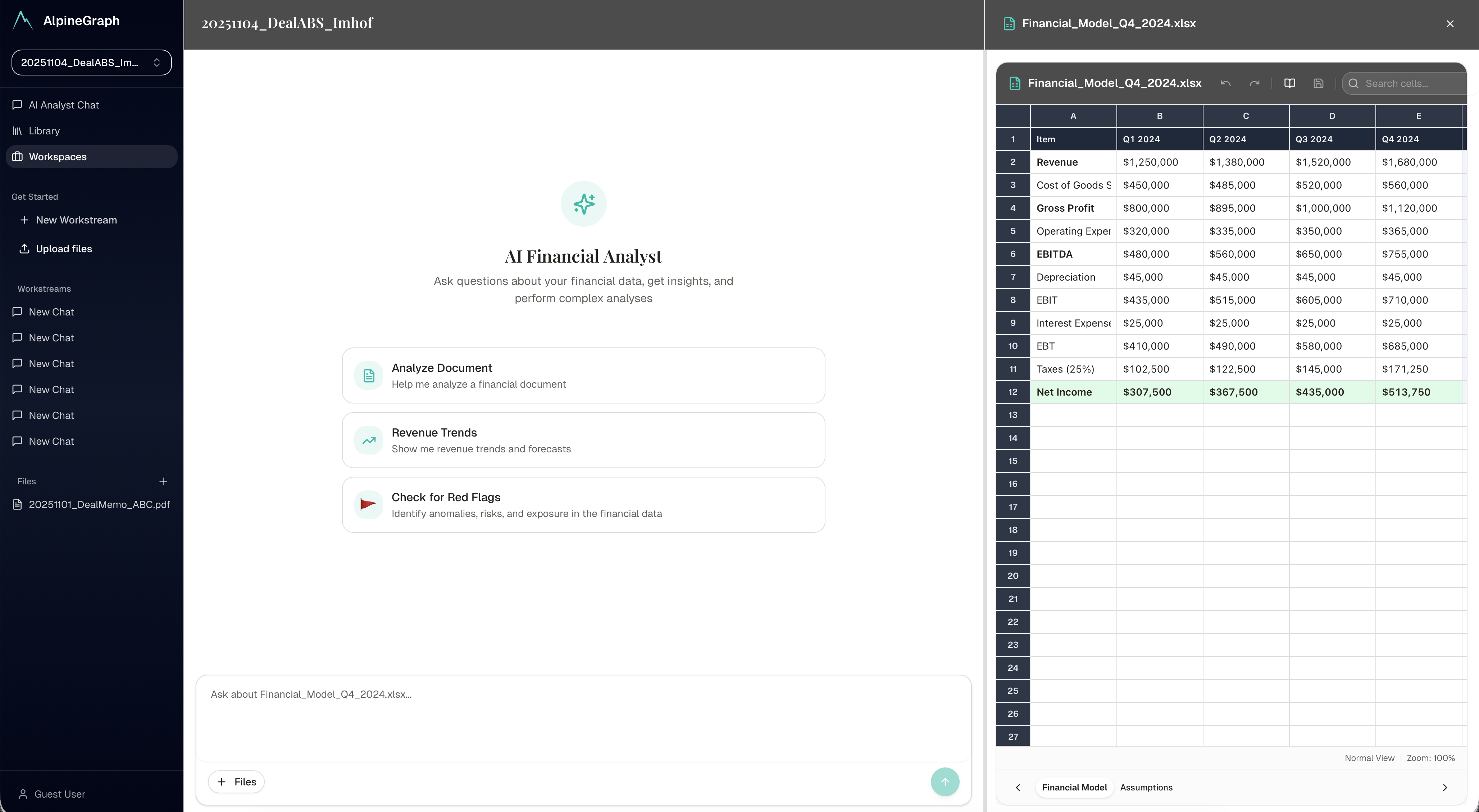 AlpineGraph AI Financial Analyst Interface showing chat, document analysis, and spreadsheet integration